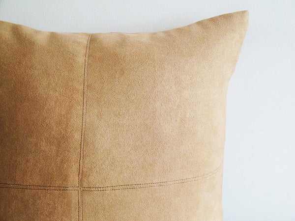 Camel Color Faux Suede Pillow Cover With Stitch Detail 